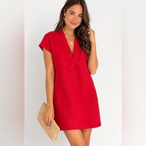 NWT Neiman Marcus Red Linen Shift Dress Size L V-Neck Cap Sleeve Classic Summer